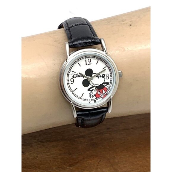 Disney Women's Watch Mickey Mouse Silver Dial Quartz Black Leather Band 27mm - Picture 10 of 13